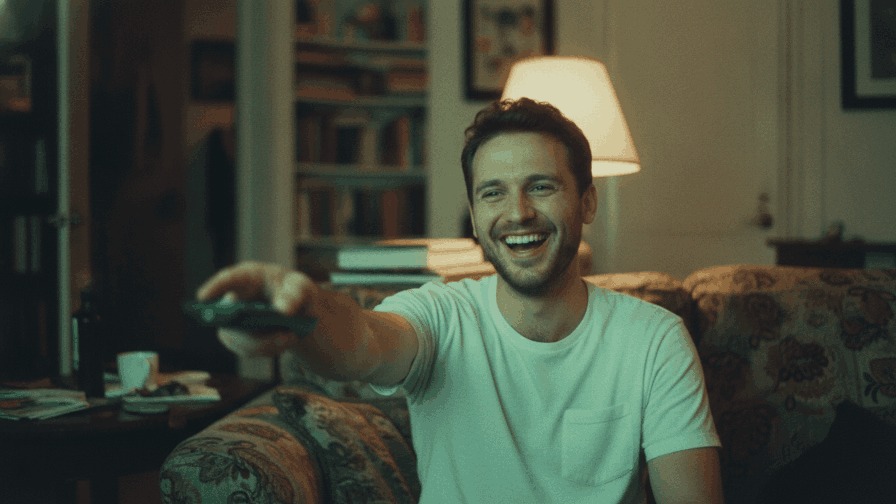 Man smiling while changing channels with a remote